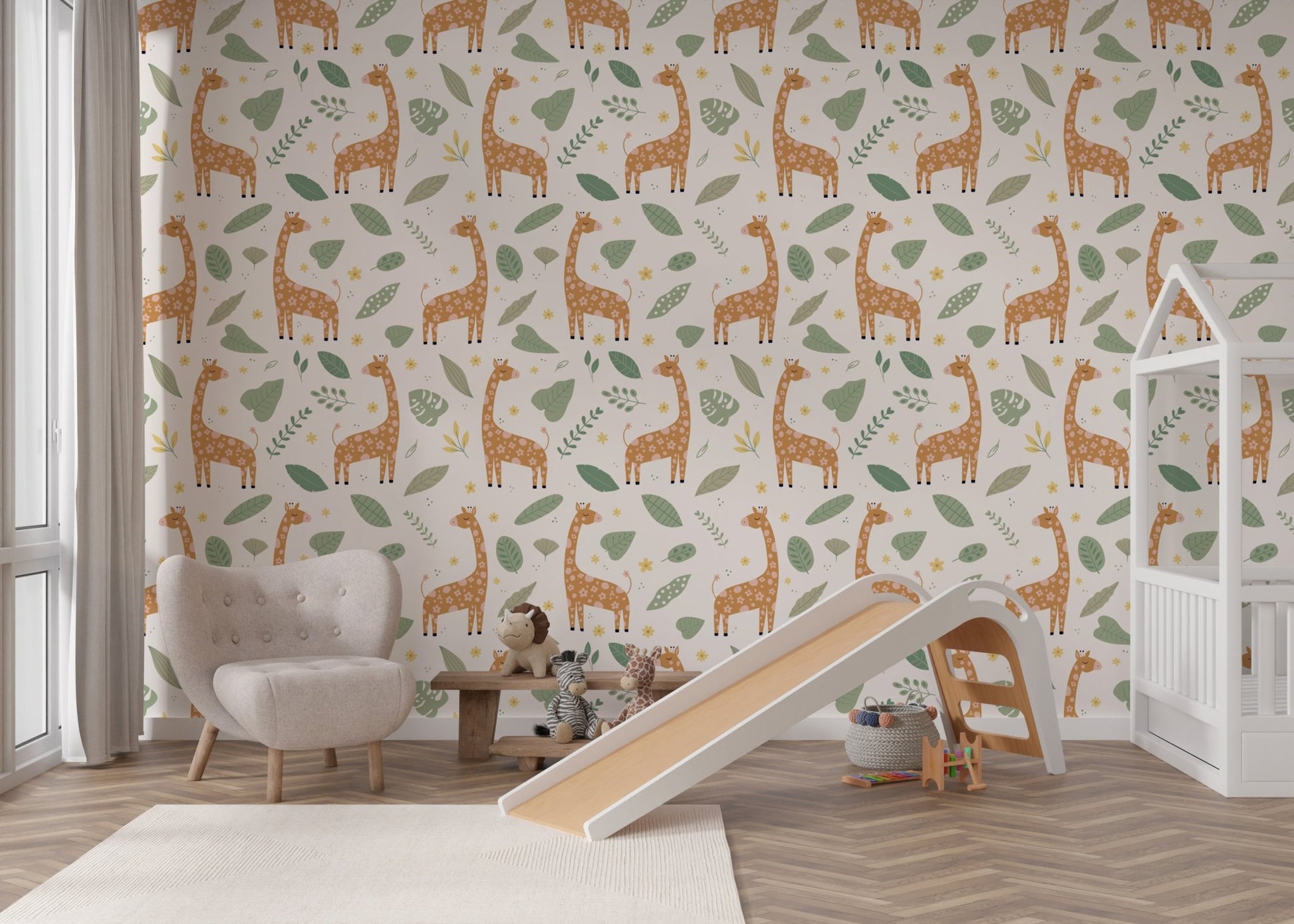Animal print wallpaper featuring brown giraffes and leaf illustrations in nursery.