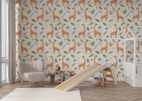 Animal print wallpaper featuring brown giraffes and leaf illustrations in nursery.