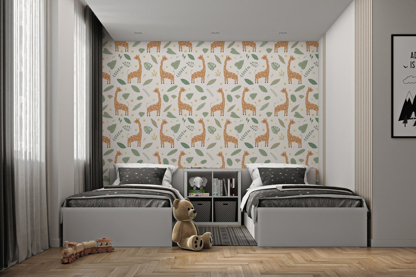 Minimalist animal wallpaper with soft leaves and brown giraffes in bedroom.