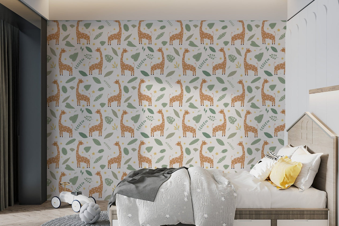 Kids bedroom wallpaper with cute giraffe characters and forest leaves.