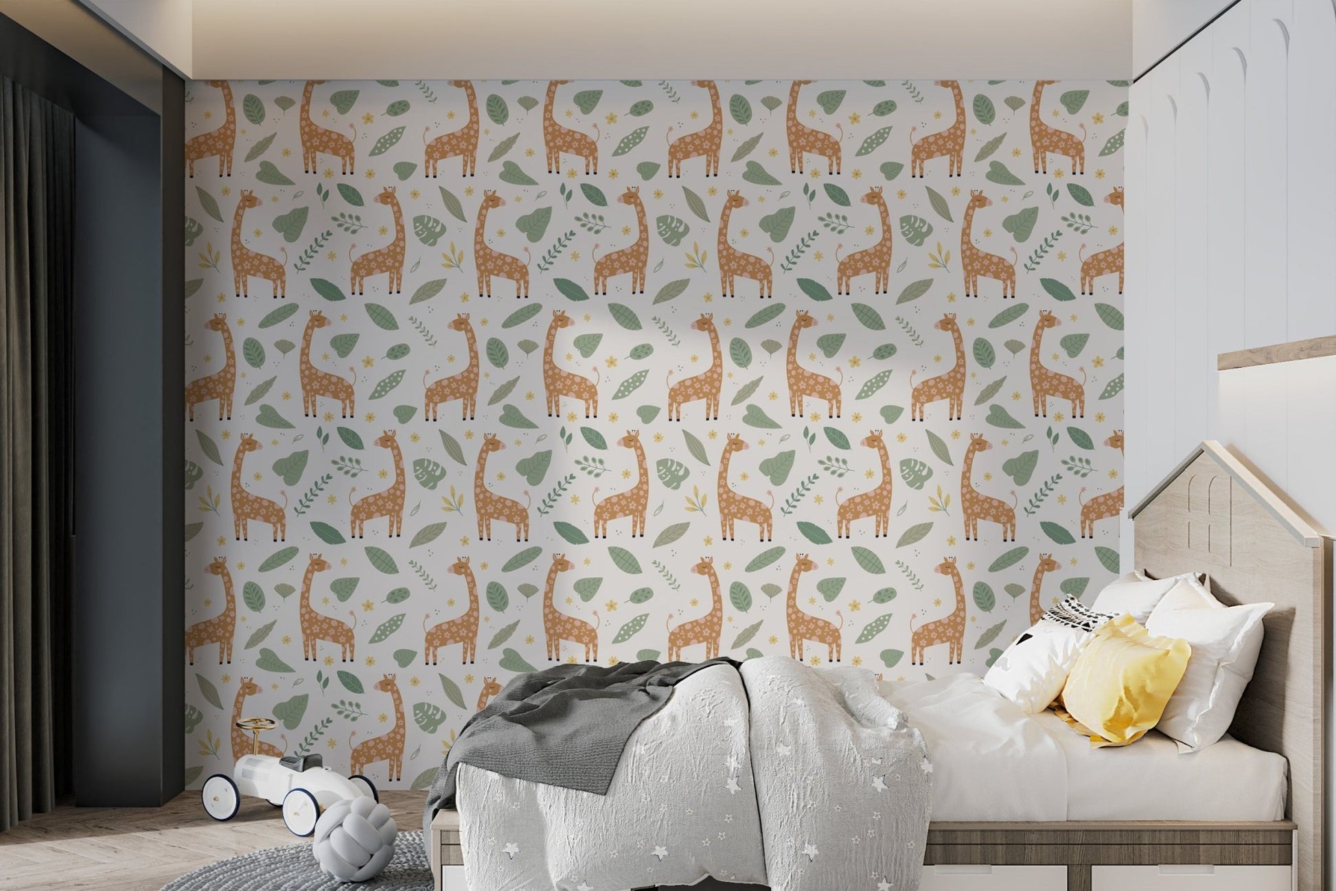 Kids bedroom wallpaper with cute giraffe characters and forest leaves.