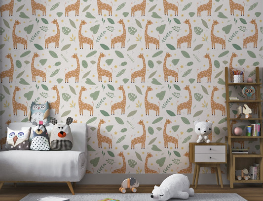 Giraffe and Leaves Wallpaper for kids nursery with orange giraffes.
