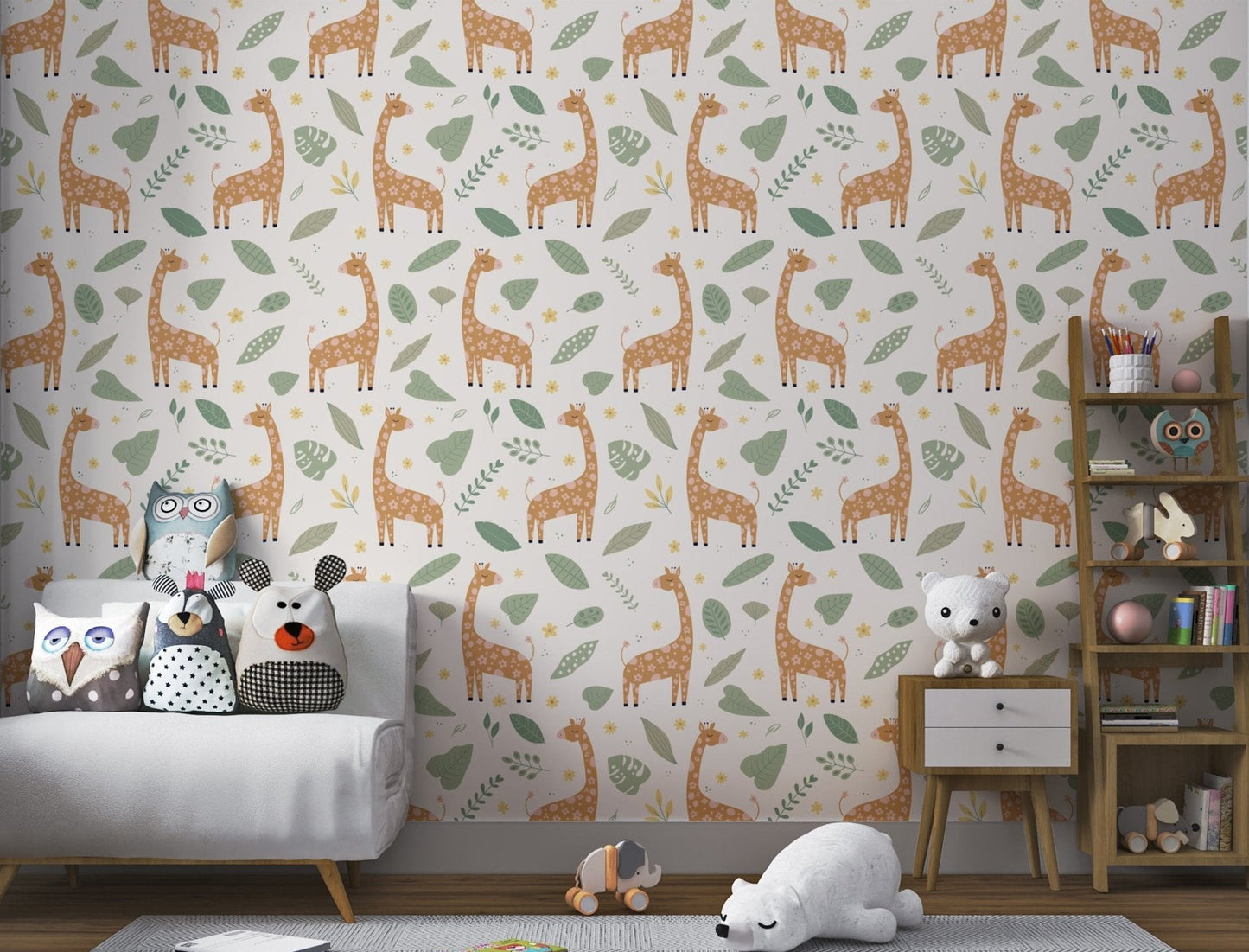 Giraffe and Leaves Wallpaper for kids nursery with orange giraffes.