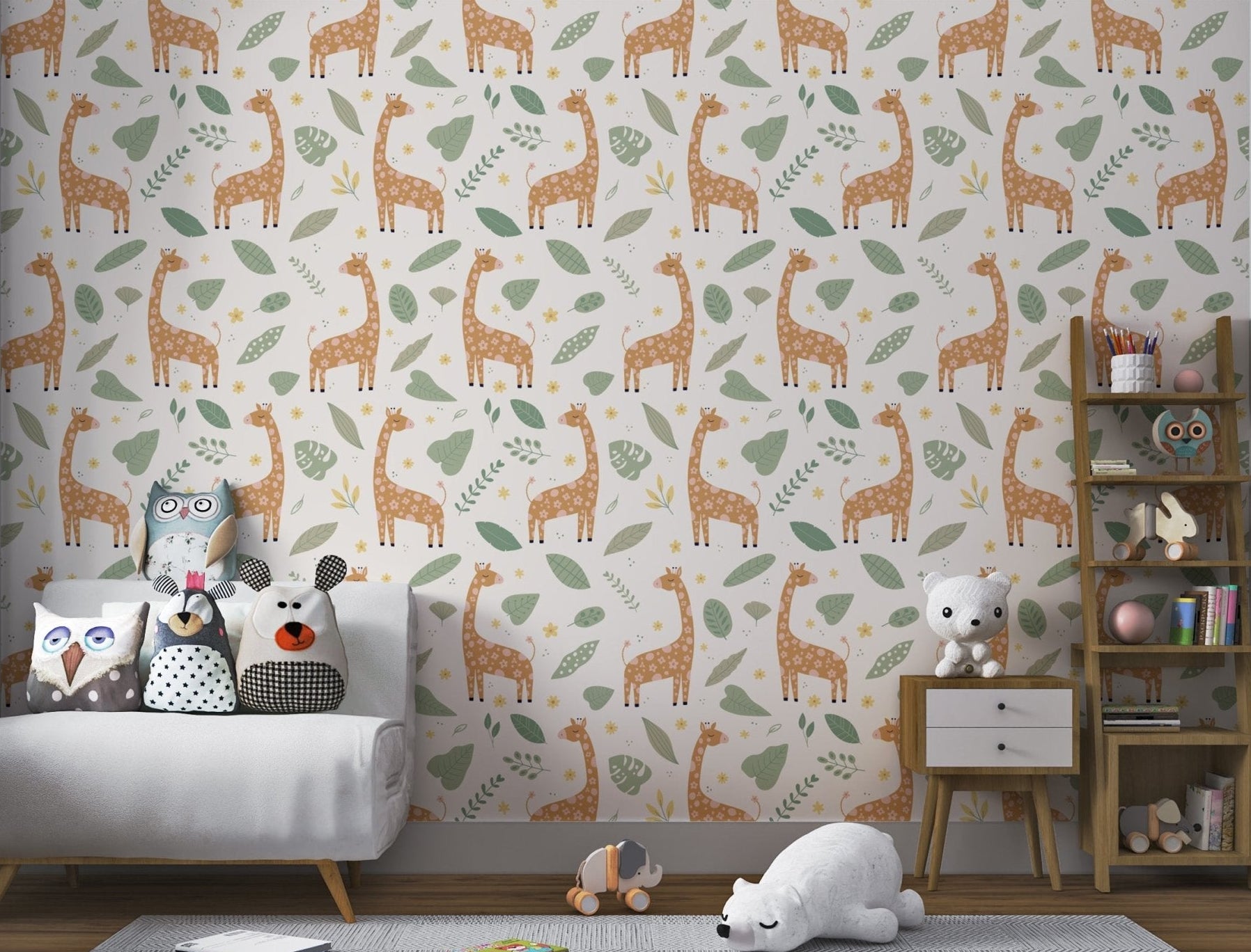 Giraffe and Leaves Wallpaper for kids nursery with orange giraffes.