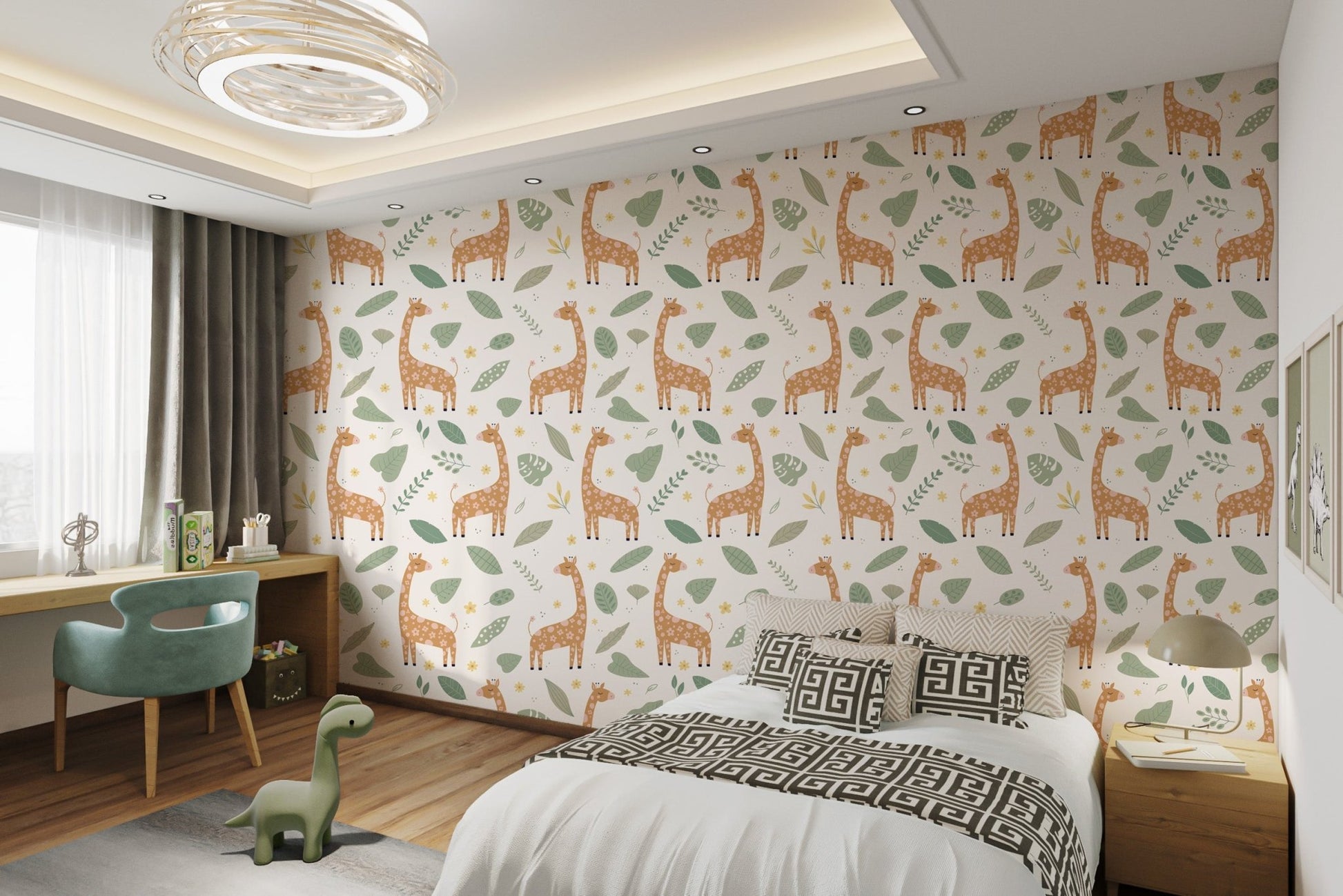 Giraffe and Leaves Wallpaper for bedroom walls with matte finish.