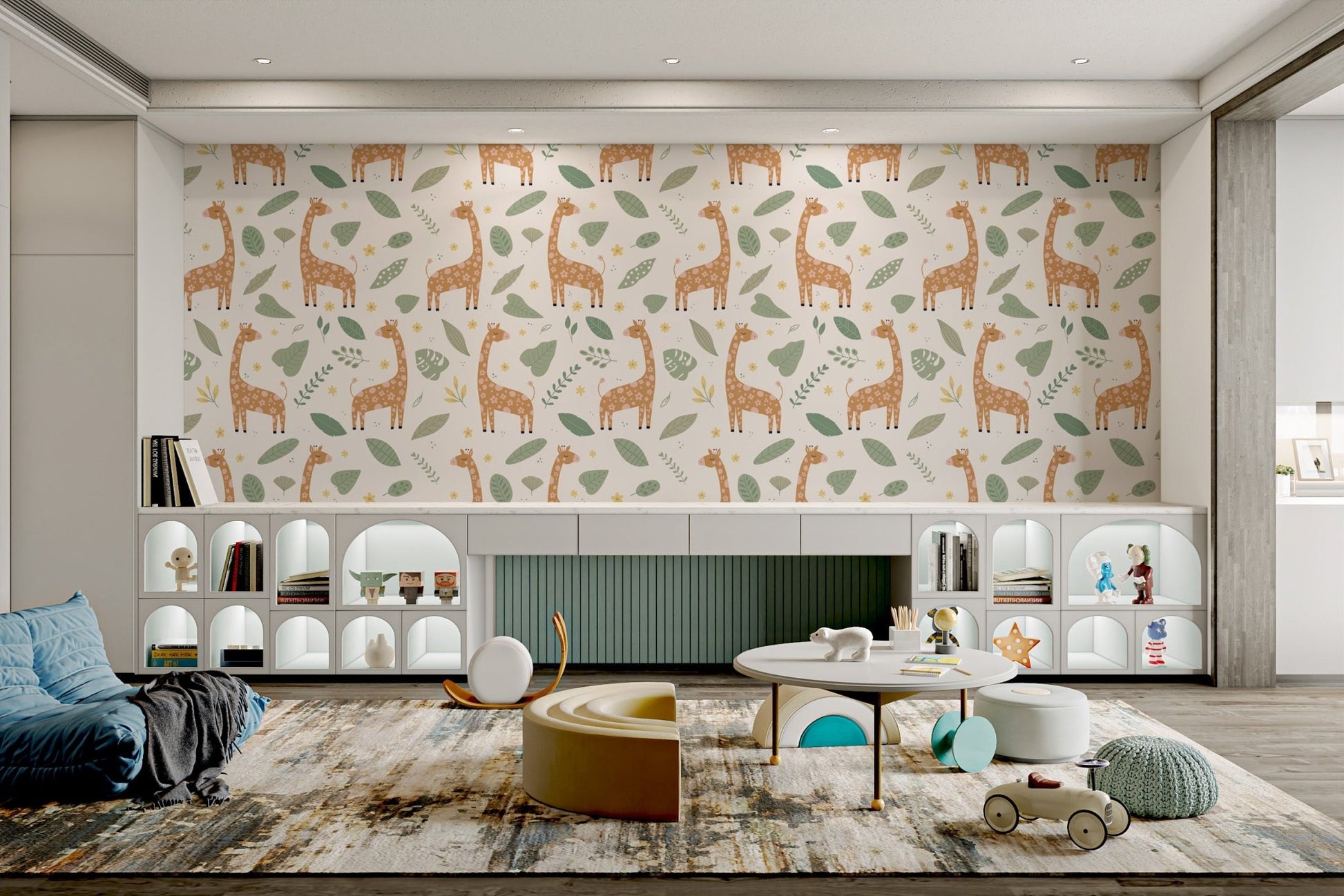 Nursery wallpaper featuring orange spotted giraffes and green fern leaves.