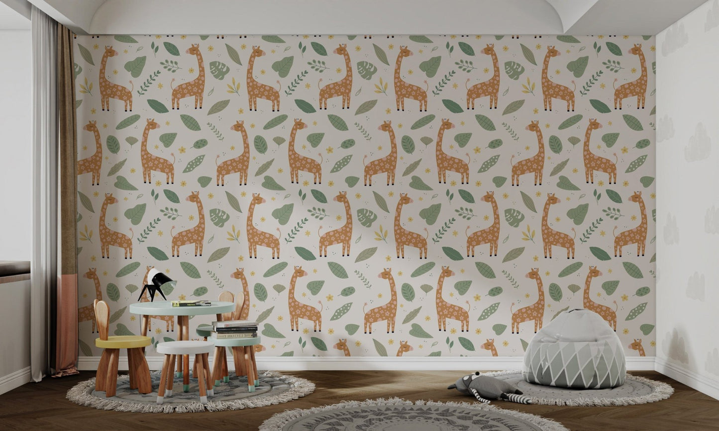 Playroom wallpaper with illustrated giraffes and small yellow floral accents.