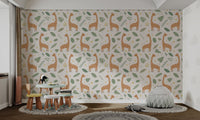 Playroom wallpaper with illustrated giraffes and small yellow floral accents.