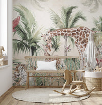 Giraffe and Tiger Forest Wall mural in a playroom featuring a small wooden rocking horse.
