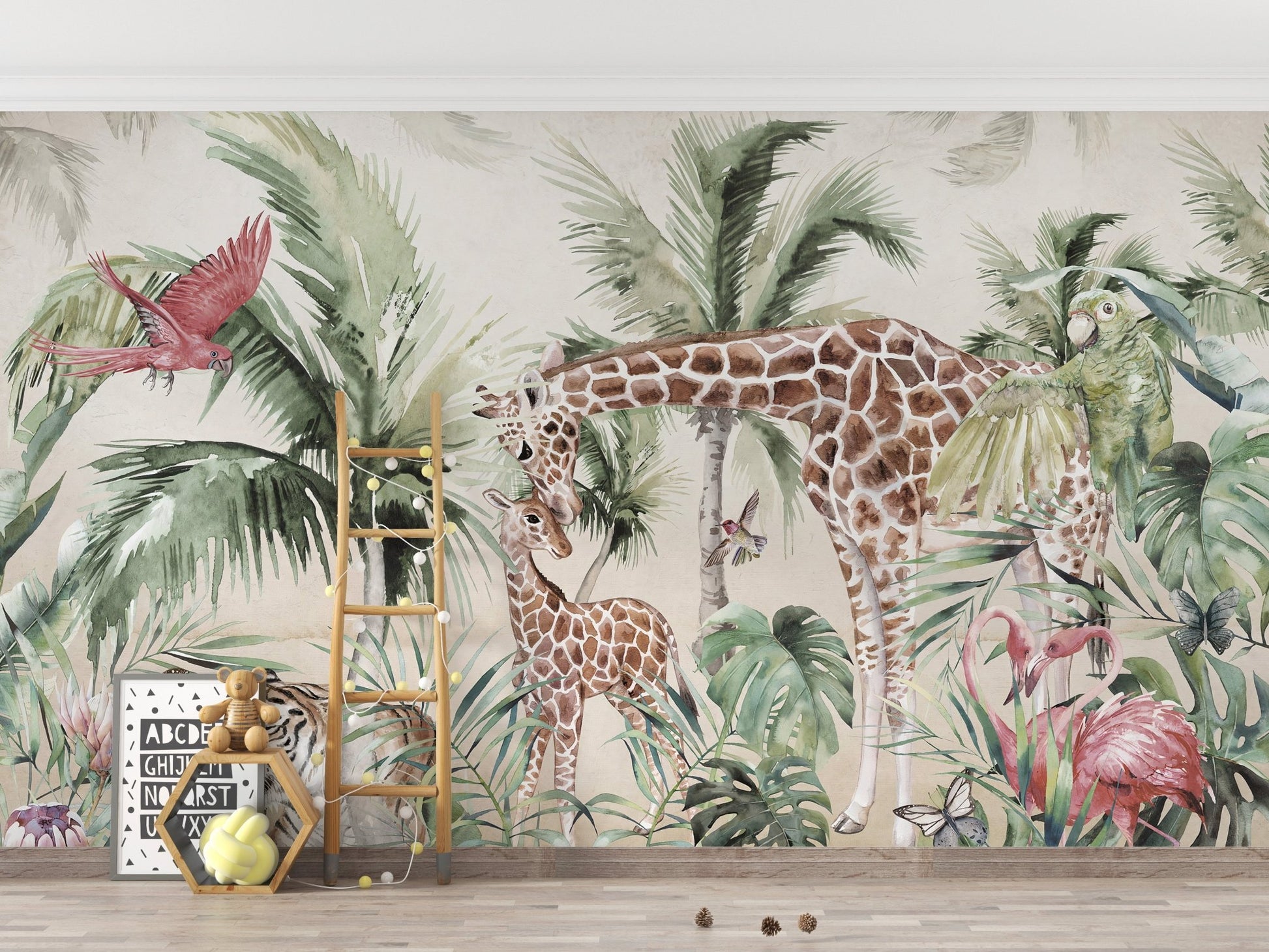 Animal themed wall mural with watercolor giraffes and palm trees in a neutral nursery.