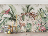 Animal themed wall mural with watercolor giraffes and palm trees in a neutral nursery.