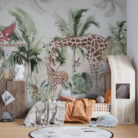 Detailed Giraffe and Tiger Forest Wall mural in a sunlit bedroom with wooden furniture.