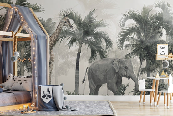 Giraffe Elephant Safari Adventure Wall Murals in a kids bedroom with a wooden canopy bed.