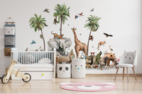 Detailed animal collection wallpaper with palm trees and a monkey.