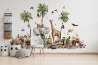 Earthy tone animal wall mural with a brown bear and kangaroo.