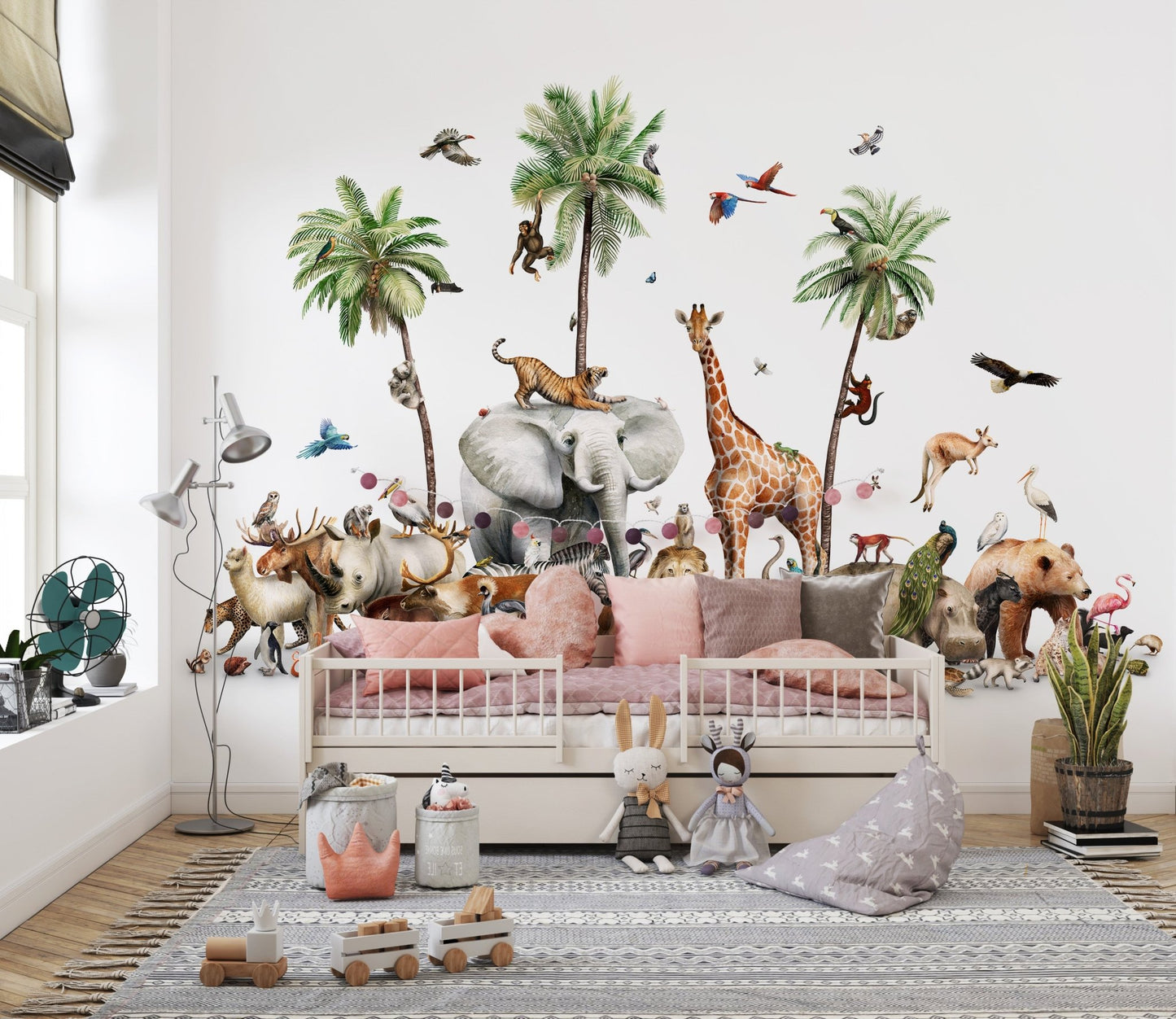 Safari animal wall mural including a rhinoceros and hippopotamus.