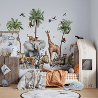 Multi-color animal wallpaper mural with a cheetah and llama.
