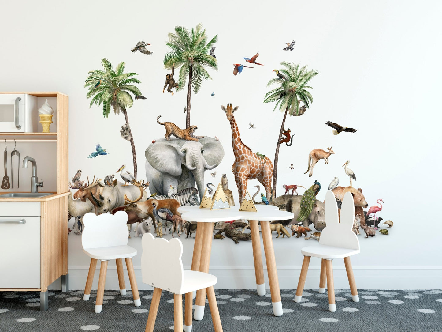 Colorful animal wallpaper mural with parrots and a peacock.