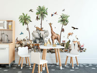 Colorful animal wallpaper mural with parrots and a peacock.