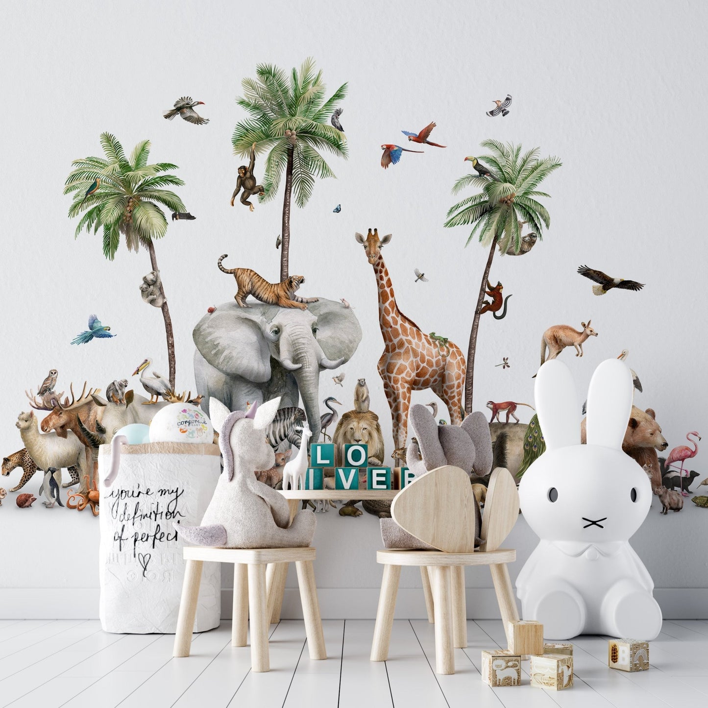 Wildlife animal wallpaper with a lion, tiger, and zebra on white background.