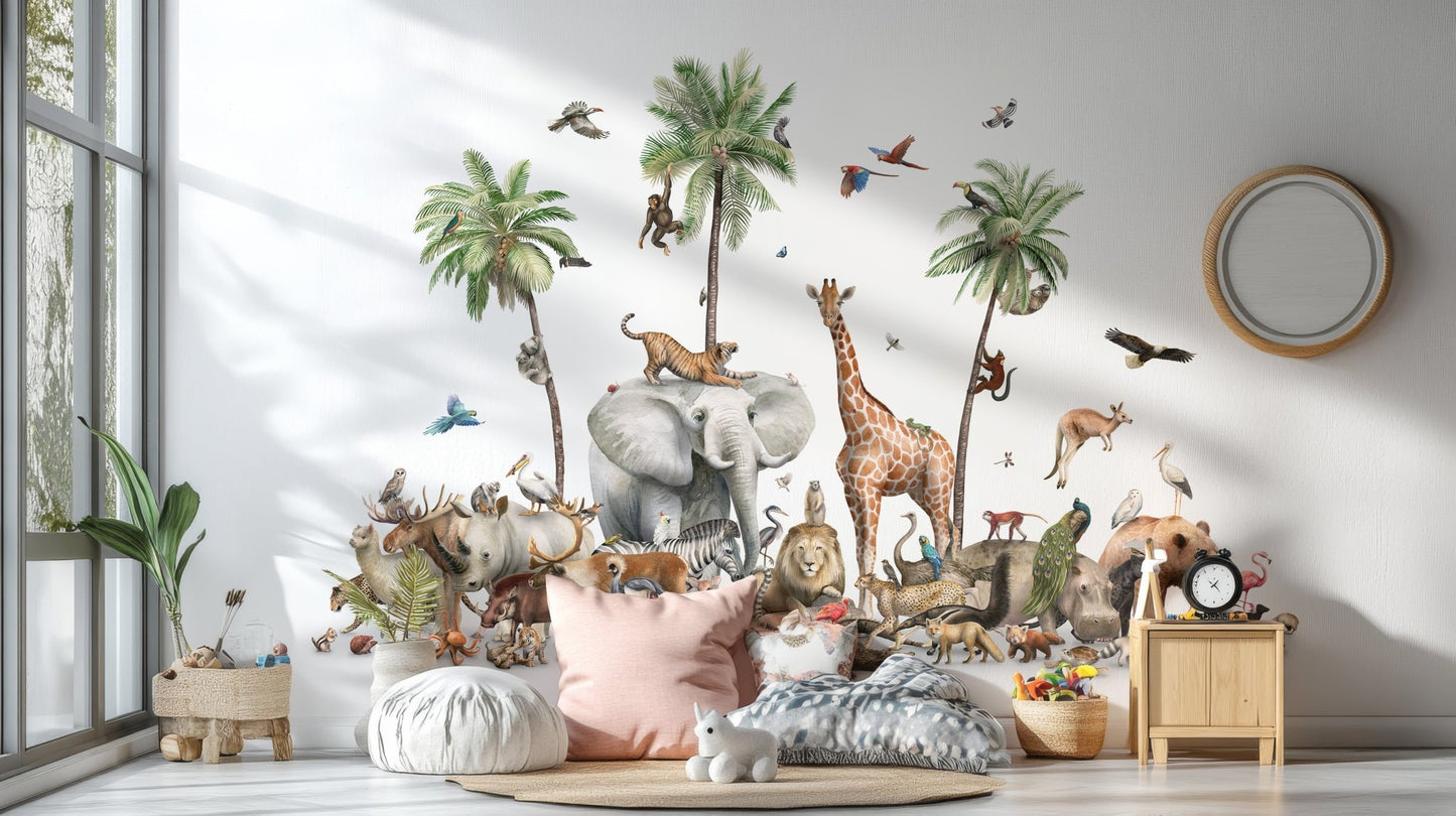 Global animals collection wall mural featuring a giraffe and elephant.