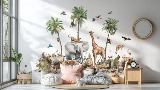 Global animals collection wall mural featuring a giraffe and elephant.