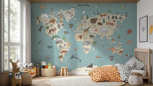 Global wildlife wallpaper mural with illustrated world map animals.
