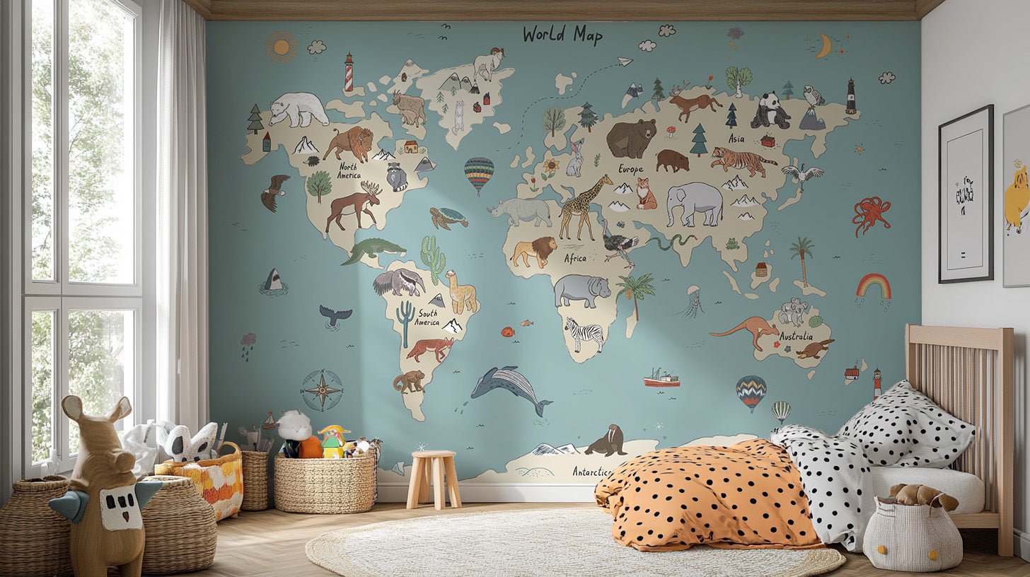 Global wildlife wallpaper mural with illustrated world map animals.