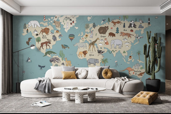 Adventure-themed global map wall mural with sea life details.