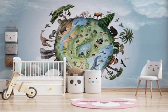 Global wildlife wallpaper mural with animals on a floating world design.