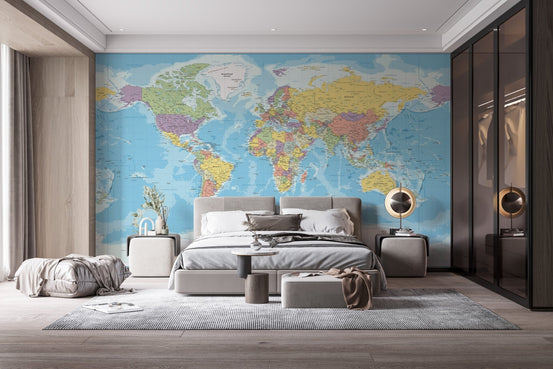 Globe Explorer Map Wall mural in a contemporary bedroom with a grey upholstered bed