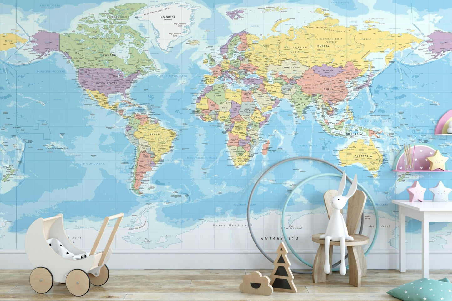 World map wall mural with globe explorer design for kids room interiors