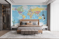 Travel-themed globe map wall mural for modern bedroom interiors
