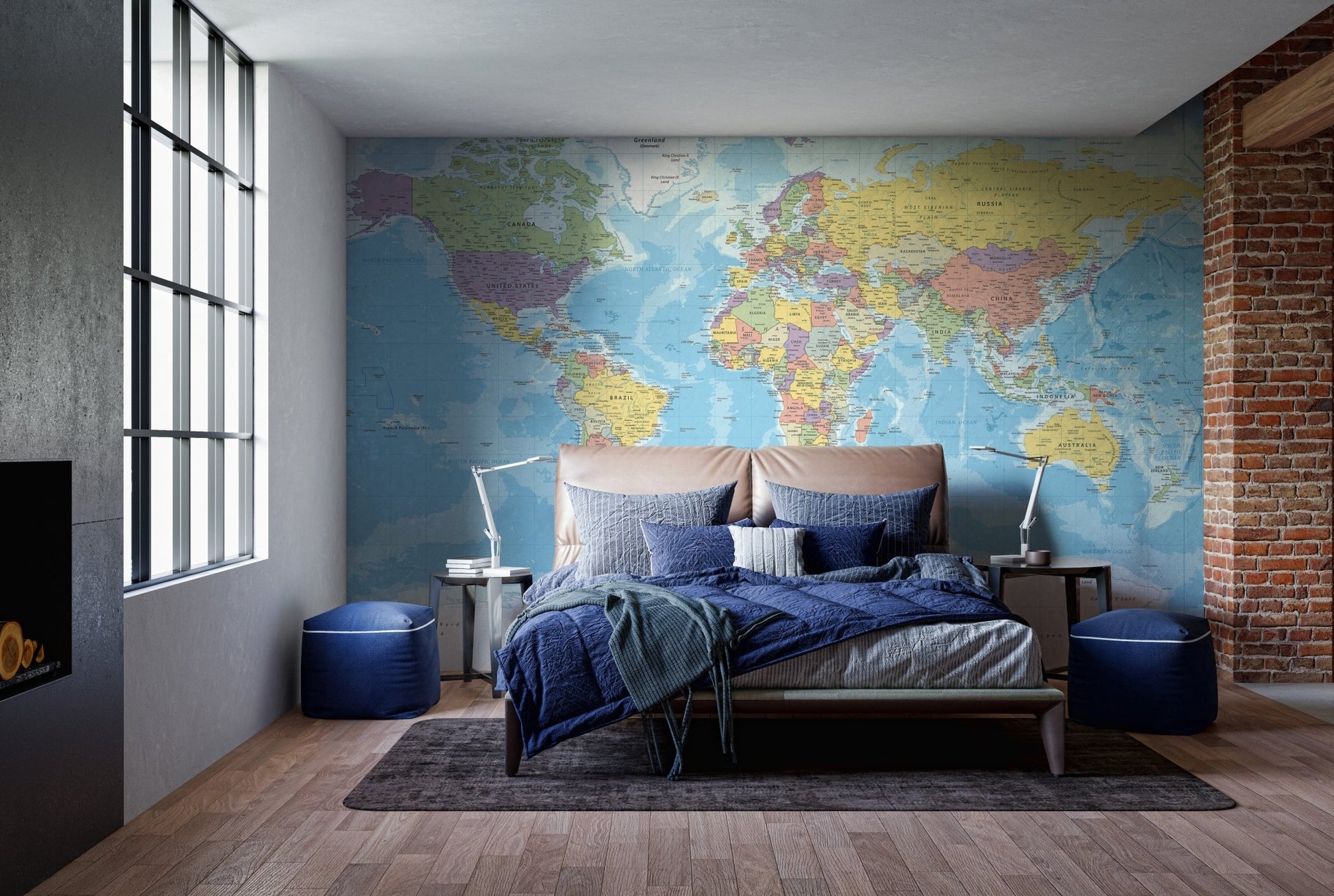 Blue world map wall mural in a dark-themed bedroom with industrial windows