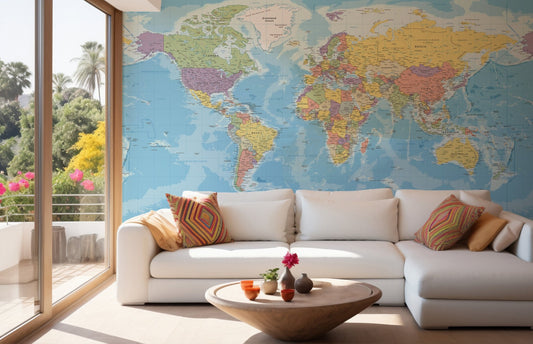 Globe Explorer Map Wall mural in a living room featuring a white sofa and glass door