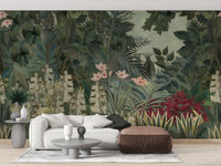 Living room wall mural with large green leaves and white sectional sofa