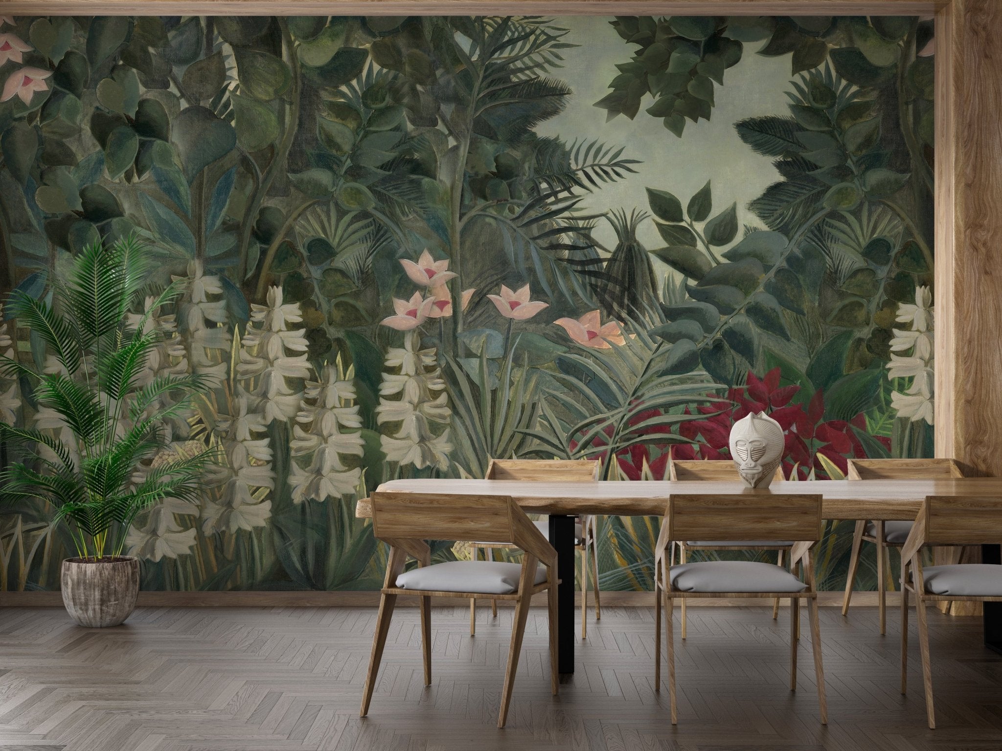 Dining area featuring Glorious Green Watercolor Painted Forest Wall Mural.