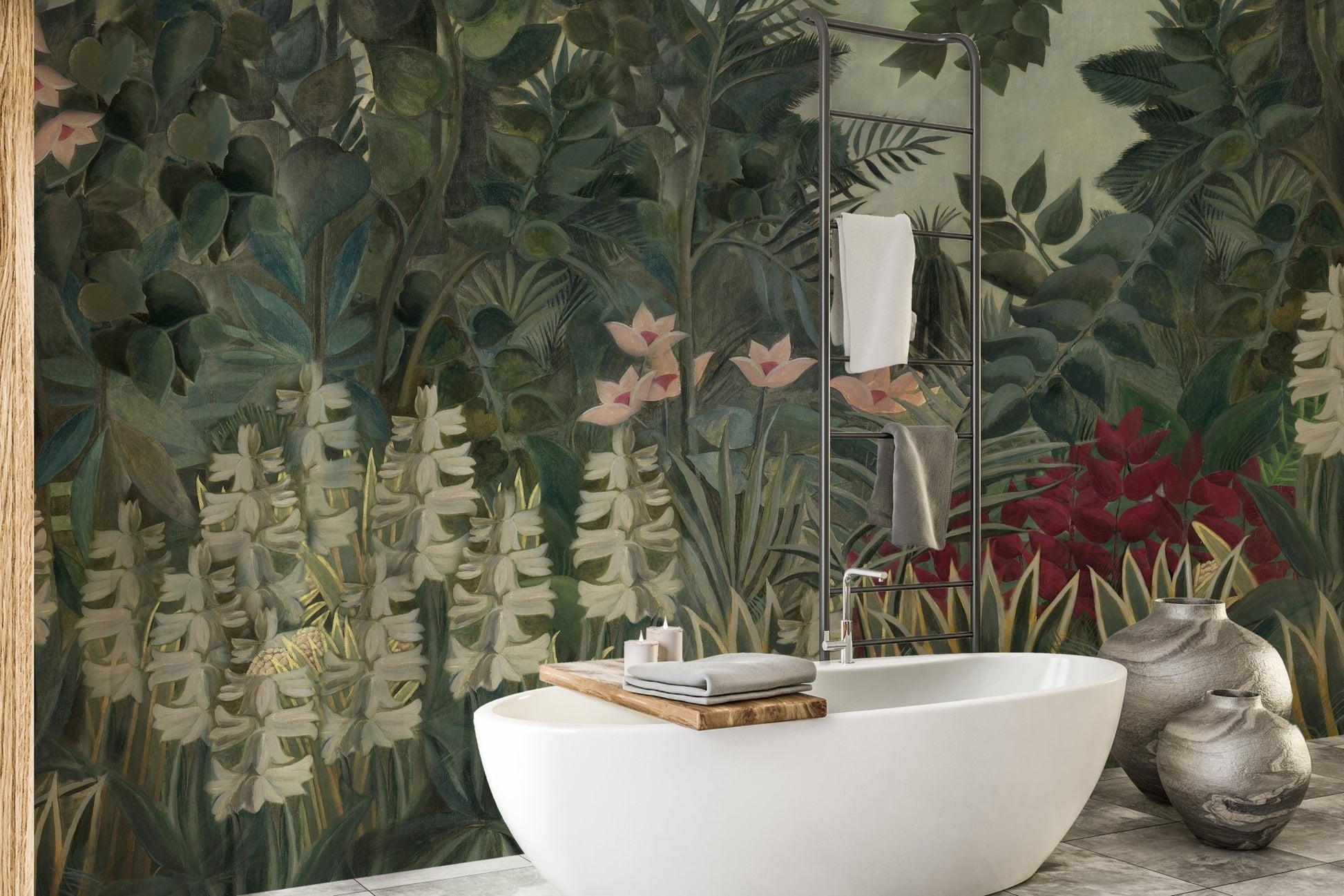 Bathroom interior with watercolor forest wall mural behind a freestanding tub