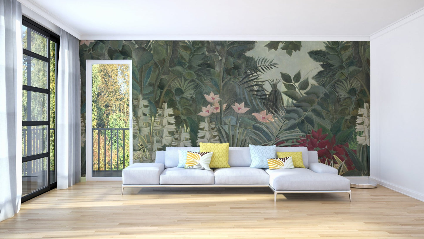 Tropical forest wall mural behind white sofa in bright modern living area