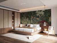 Mural of painted green leaves on wall of contemporary master bedroom