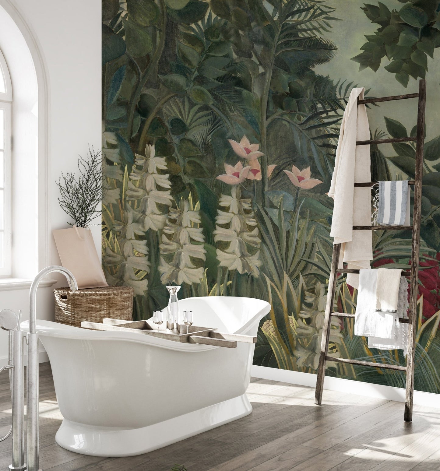 Gentle watercolor forest mural in modern bathroom with white tub.