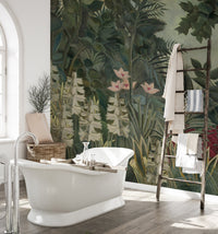 Gentle watercolor forest mural in modern bathroom with white tub.