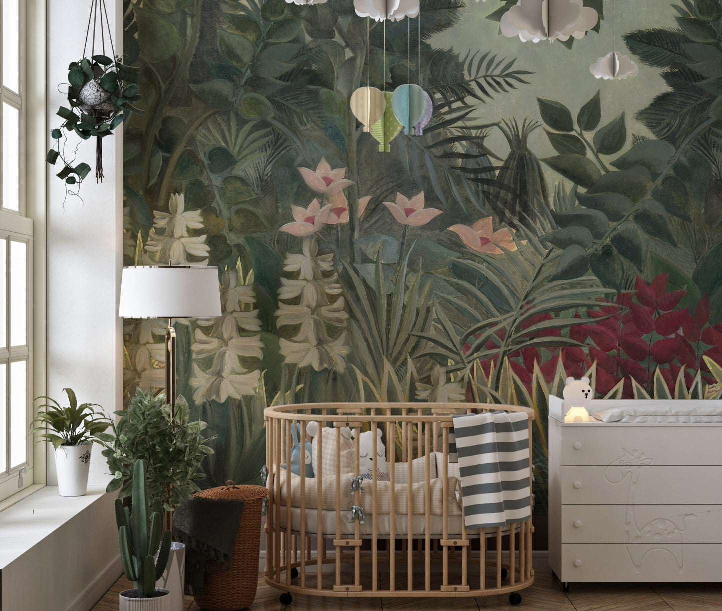 Watercolor forest wall mural backdrop for wooden crib in nursery room