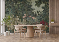 Glorious Green Watercolor Painted Forest Wall Murals in dining room with wood table.