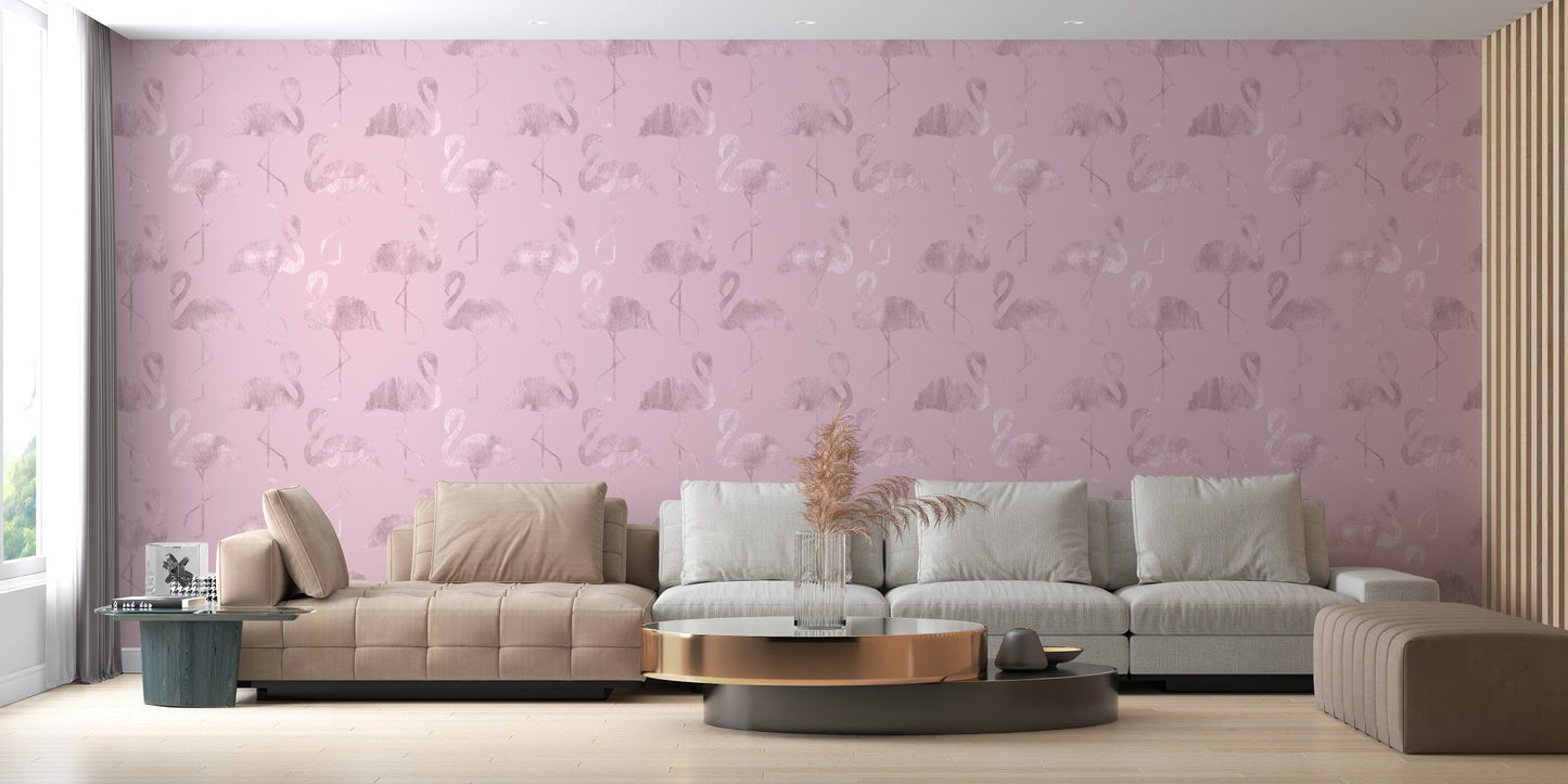 Pink flamingo wallpaper design applied to a living room feature wall.