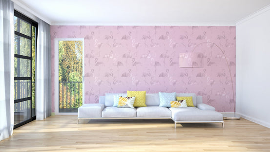 Contemporary apartment living room with patterned flamingo wall mural.