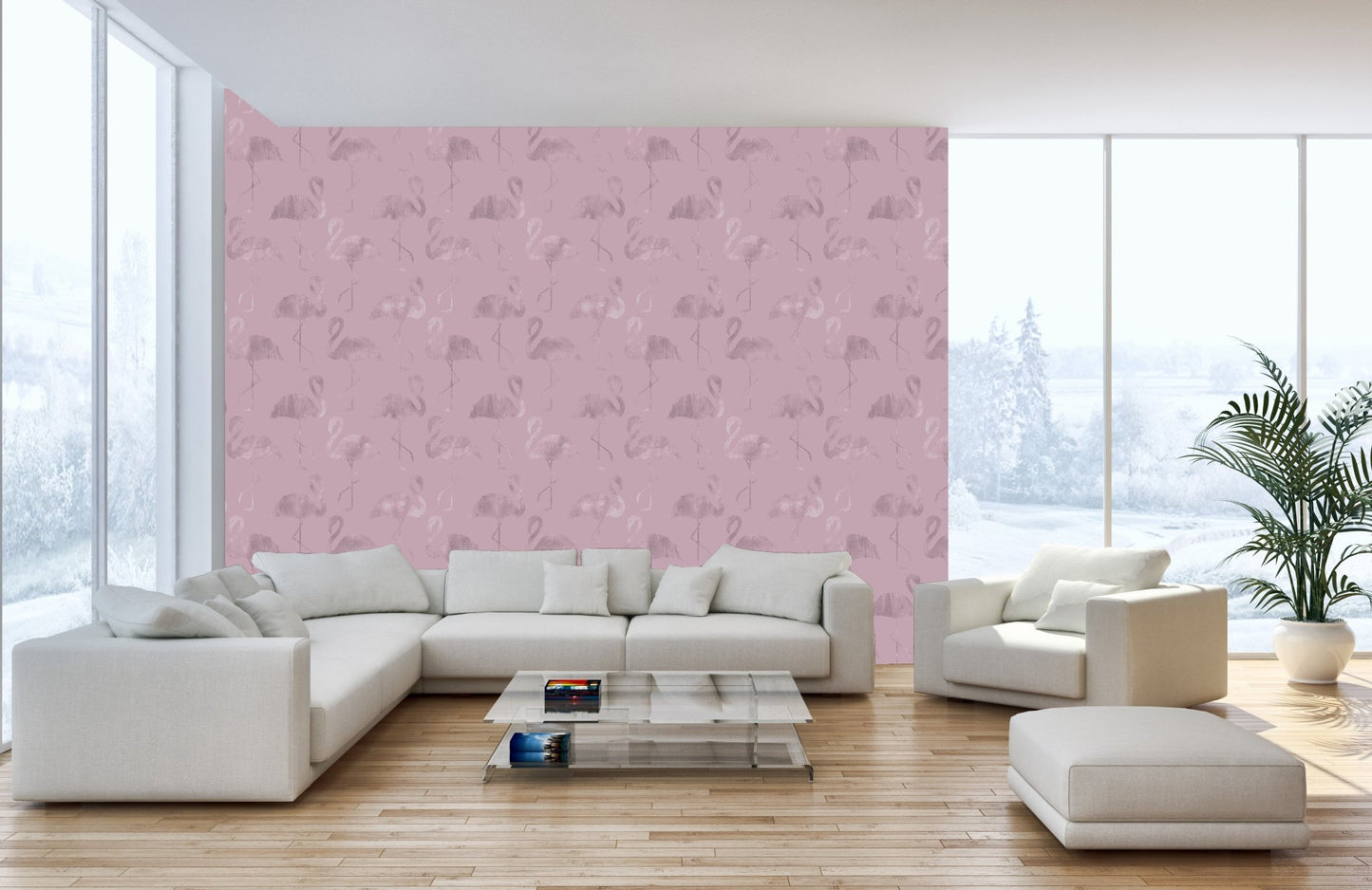 Modern living room interior with Pink Flamingo Waves wall mural.