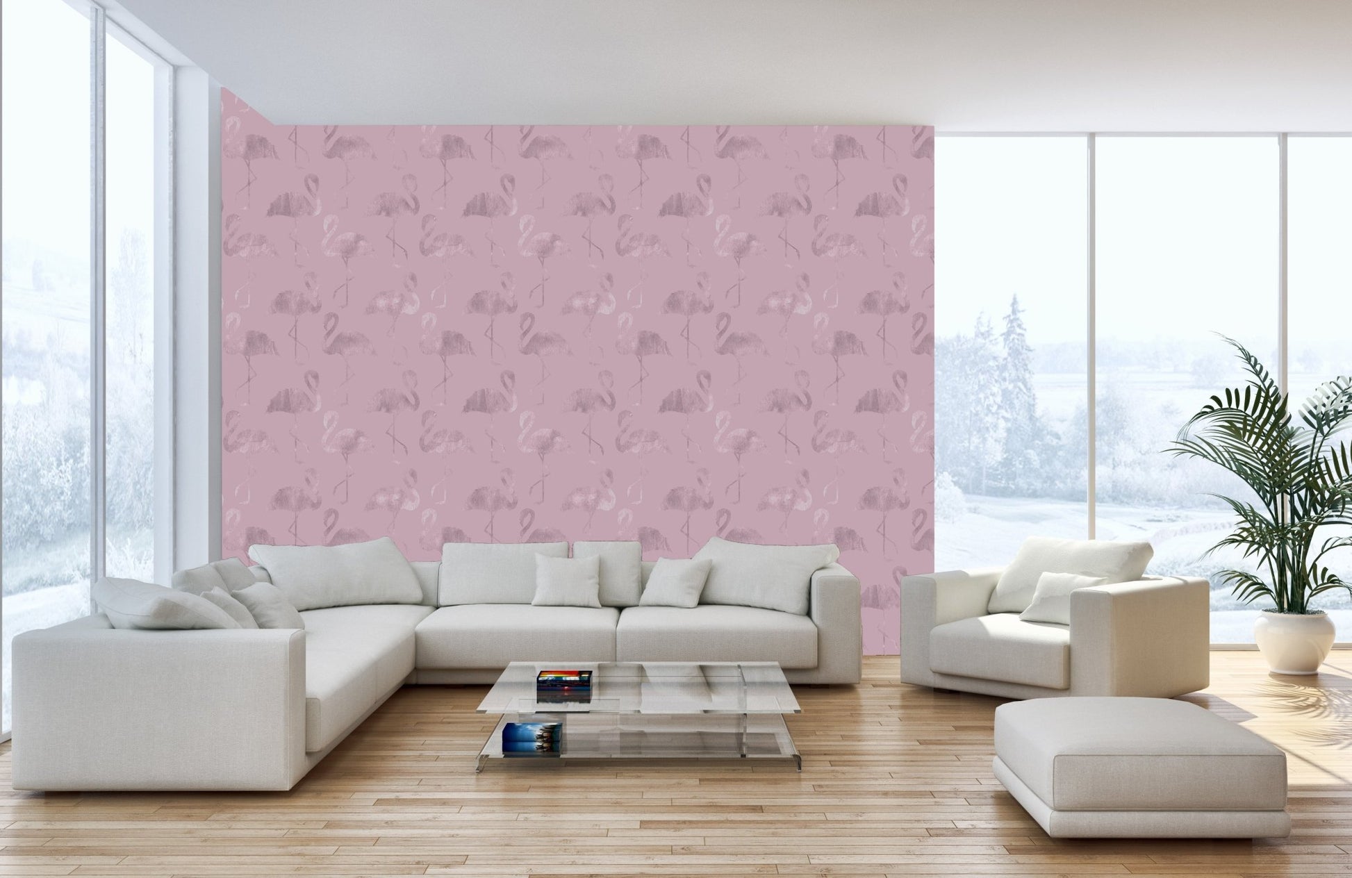 Modern living room interior with Pink Flamingo Waves wall mural.