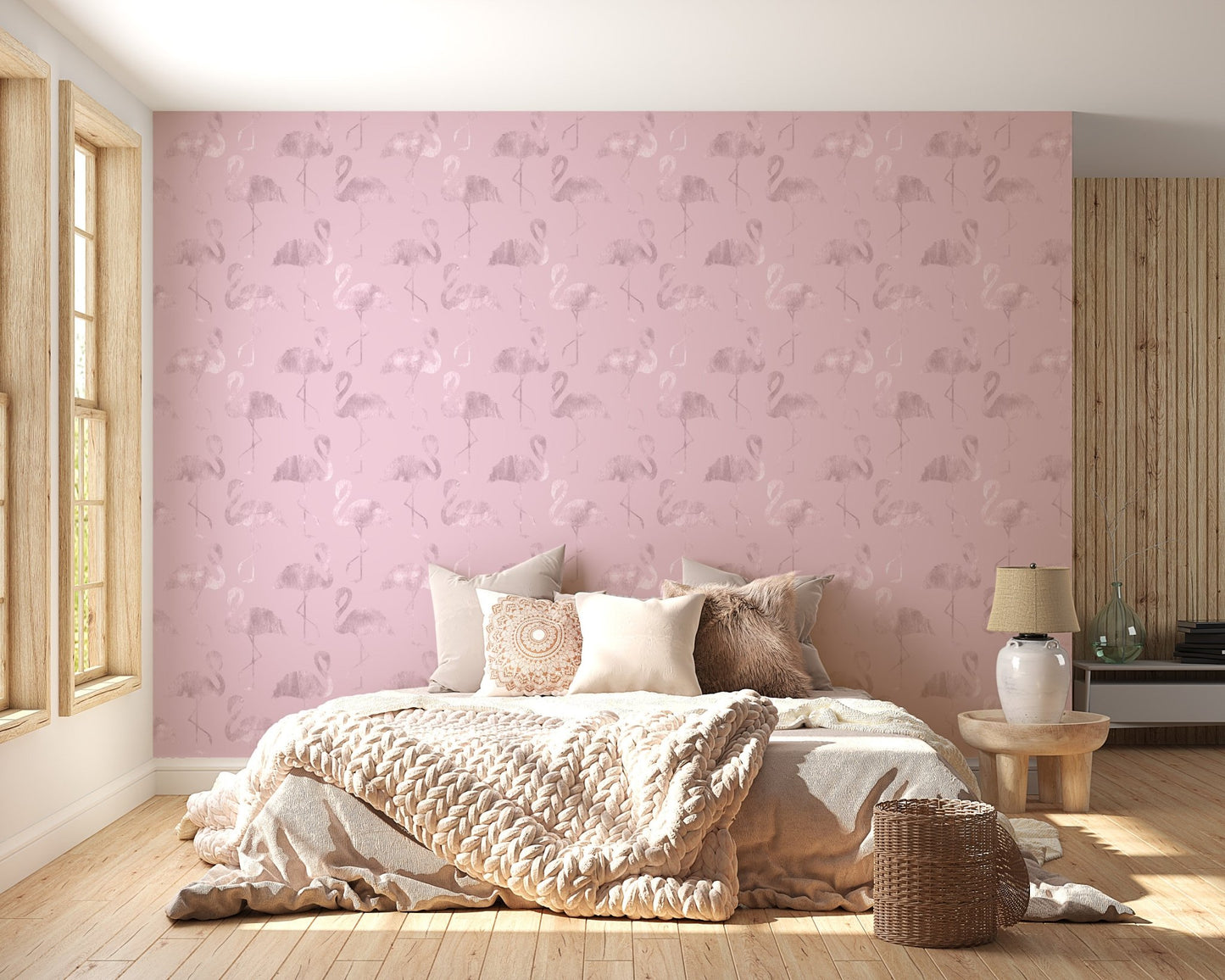 Pink Flamingo Waves wallpaper in a bright bedroom setting.