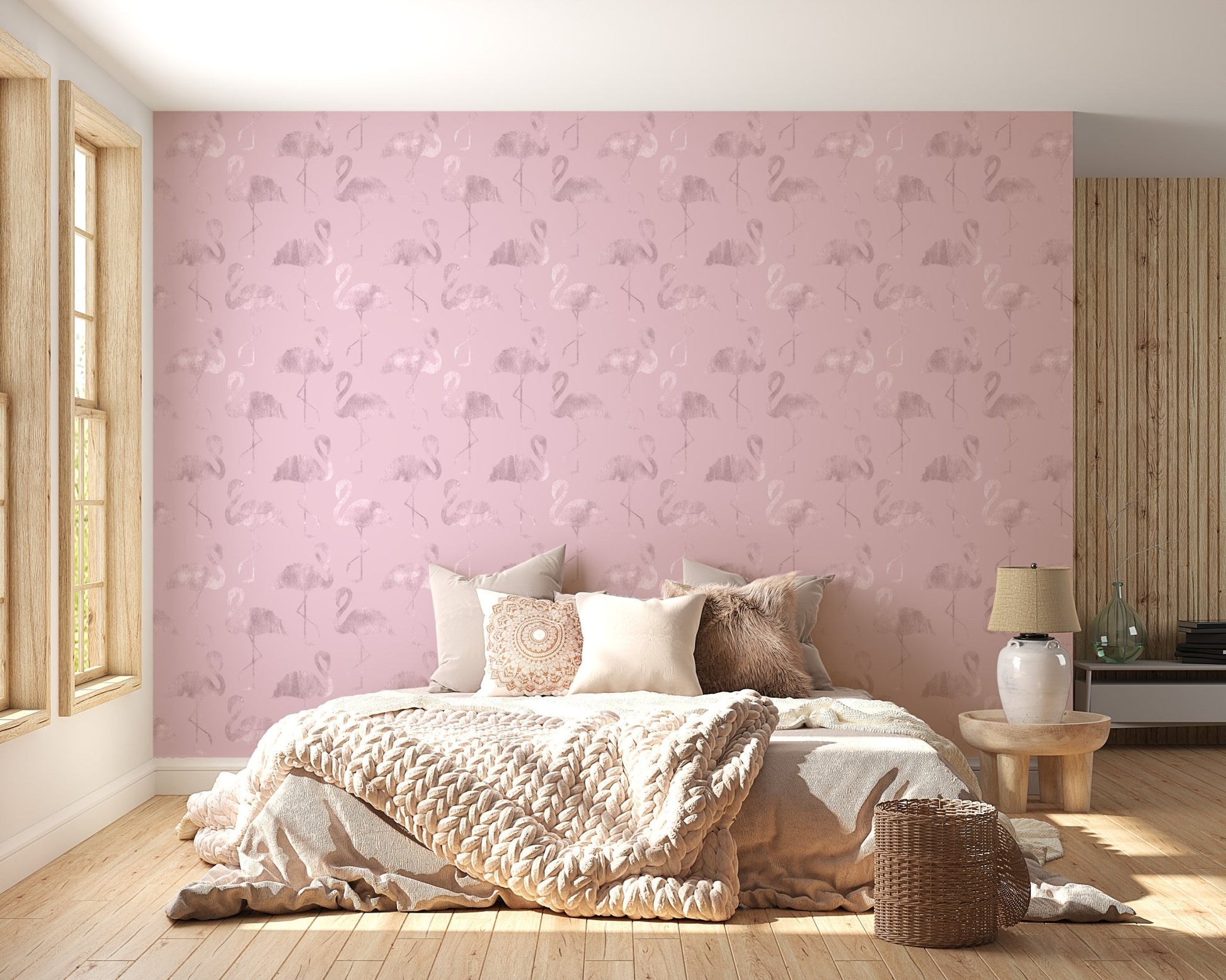 Pink Flamingo Waves wallpaper in a bright bedroom setting.